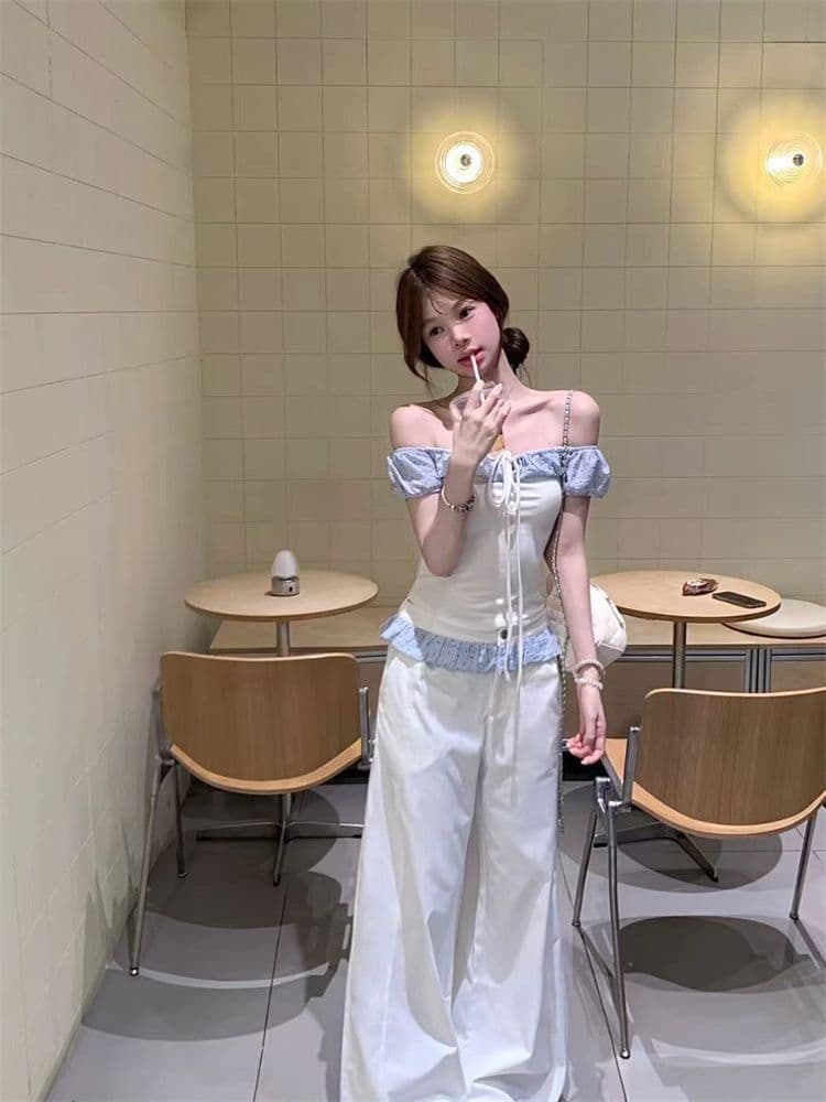 1 1 와 사고 방식 파란색 패치워크 레이스 생선뼈 오프숄더 여성 셔츠 여름 순수한 욕망 몸매 가꾸기 슬림해 보이는 오프숄더 맨위 상세 이미지 15