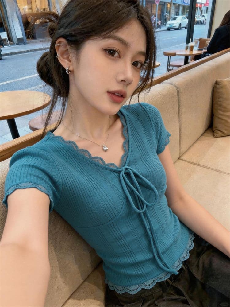 대나무 마디 한 부서 디자인 센스 핫걸 레이스업 반팔 티셔츠 여성 여름 몸매 가꾸기 슬림해 보이는 순수한 욕망 다용도 맨위
