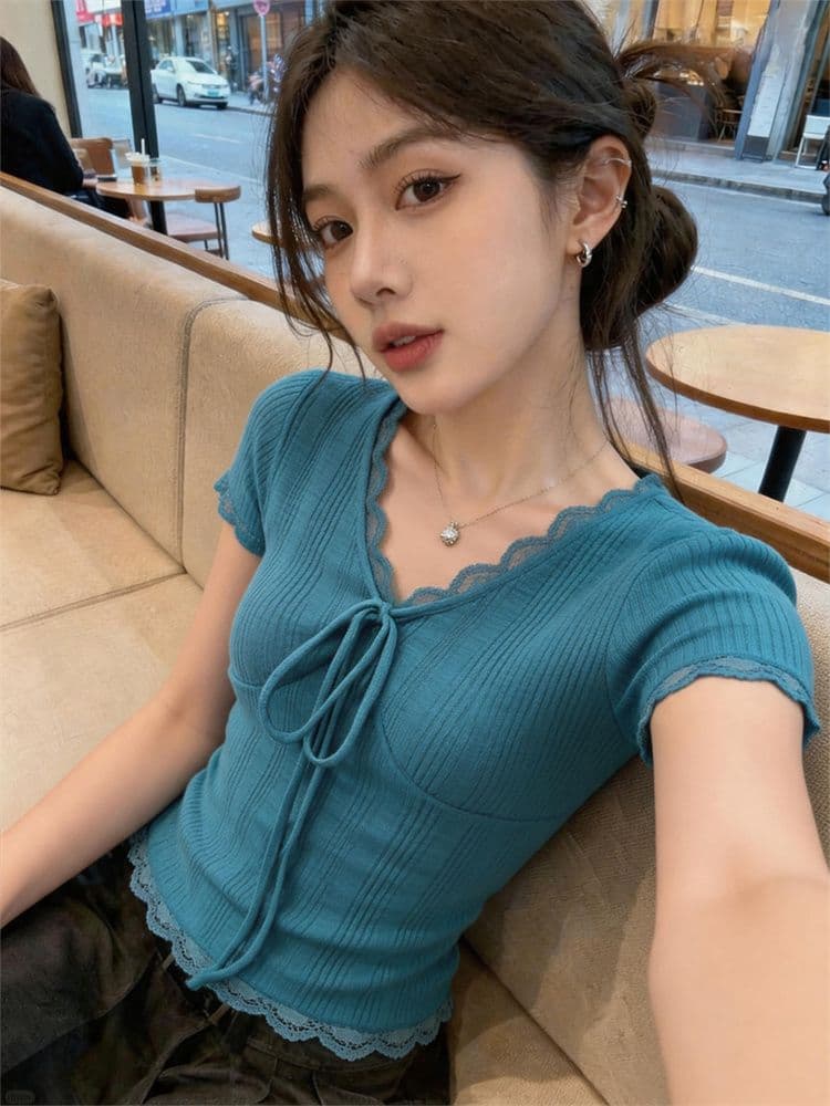 대나무 마디 한 부서 디자인 센스 핫걸 레이스업 반팔 티셔츠 여성 여름 몸매 가꾸기 슬림해 보이는 순수한 욕망 다용도 맨위 상세 이미지 2