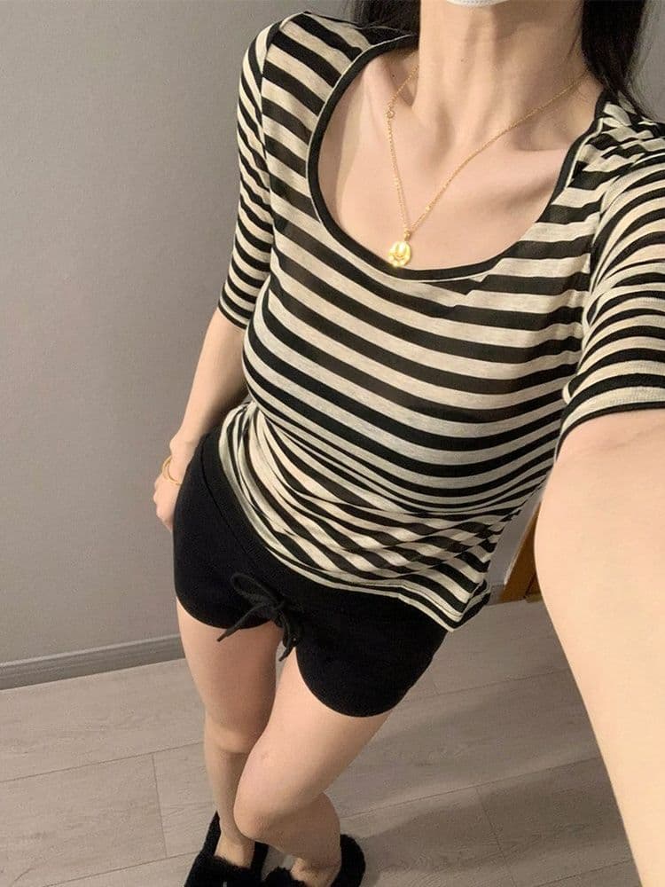 원본 자외선 차단 스트라이프 u 칼라 반팔 티셔츠 여성 여름 몸매 가꾸기 슬림해 보이는 품격 여성 허리 수축 핫걸 중간 소매 맨위 상세 이미지 1