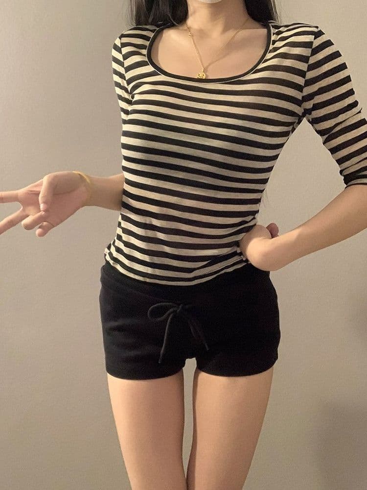 원본 자외선 차단 스트라이프 u 칼라 반팔 티셔츠 여성 여름 몸매 가꾸기 슬림해 보이는 품격 여성 허리 수축 핫걸 중간 소매 맨위 상세 이미지 4