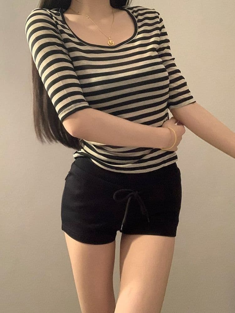 원본 자외선 차단 스트라이프 u 칼라 반팔 티셔츠 여성 여름 몸매 가꾸기 슬림해 보이는 품격 여성 허리 수축 핫걸 중간 소매 맨위 상세 이미지 5