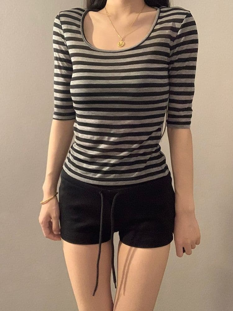 원본 자외선 차단 스트라이프 u 칼라 반팔 티셔츠 여성 여름 몸매 가꾸기 슬림해 보이는 품격 여성 허리 수축 핫걸 중간 소매 맨위 상세 이미지 7