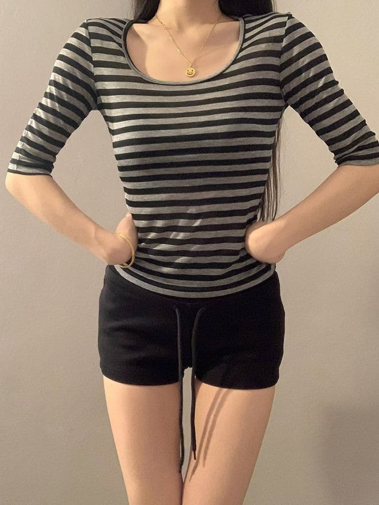 원본 자외선 차단 스트라이프 u 칼라 반팔 티셔츠 여성 여름 몸매 가꾸기 슬림해 보이는 품격 여성 허리 수축 핫걸 중간 소매 맨위 상세 이미지 8
