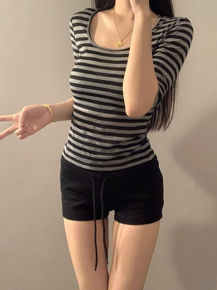 원본 자외선 차단 스트라이프 u 칼라 반팔 티셔츠 여성 여름 몸매 가꾸기 슬림해 보이는 품격 여성 허리 수축 핫걸 중간 소매 맨위 상세 이미지 9