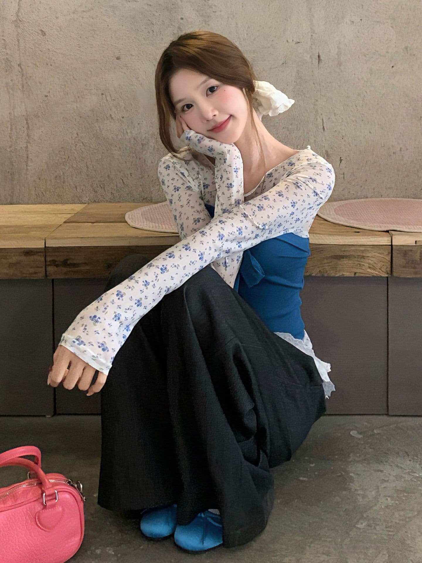 여름 꽃무늬 스택 착용 몸매 가꾸기 캐주얼 스포츠 슈트 여성 나비 매듭 부드러운 첨부 된 의류 긴 바지 순수한 욕망 바람 3종 세트 상세 이미지 1