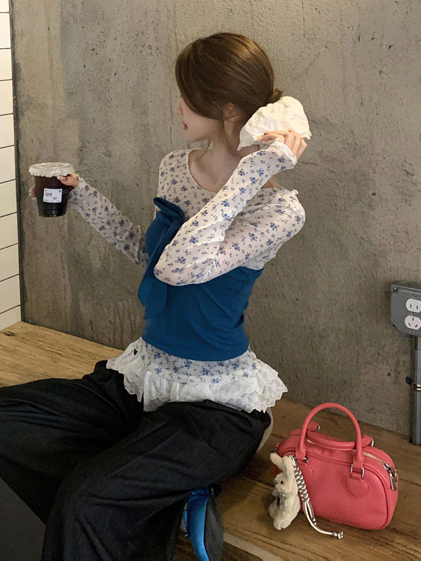여름 꽃무늬 스택 착용 몸매 가꾸기 캐주얼 스포츠 슈트 여성 나비 매듭 부드러운 첨부 된 의류 긴 바지 순수한 욕망 바람 3종 세트 상세 이미지 3