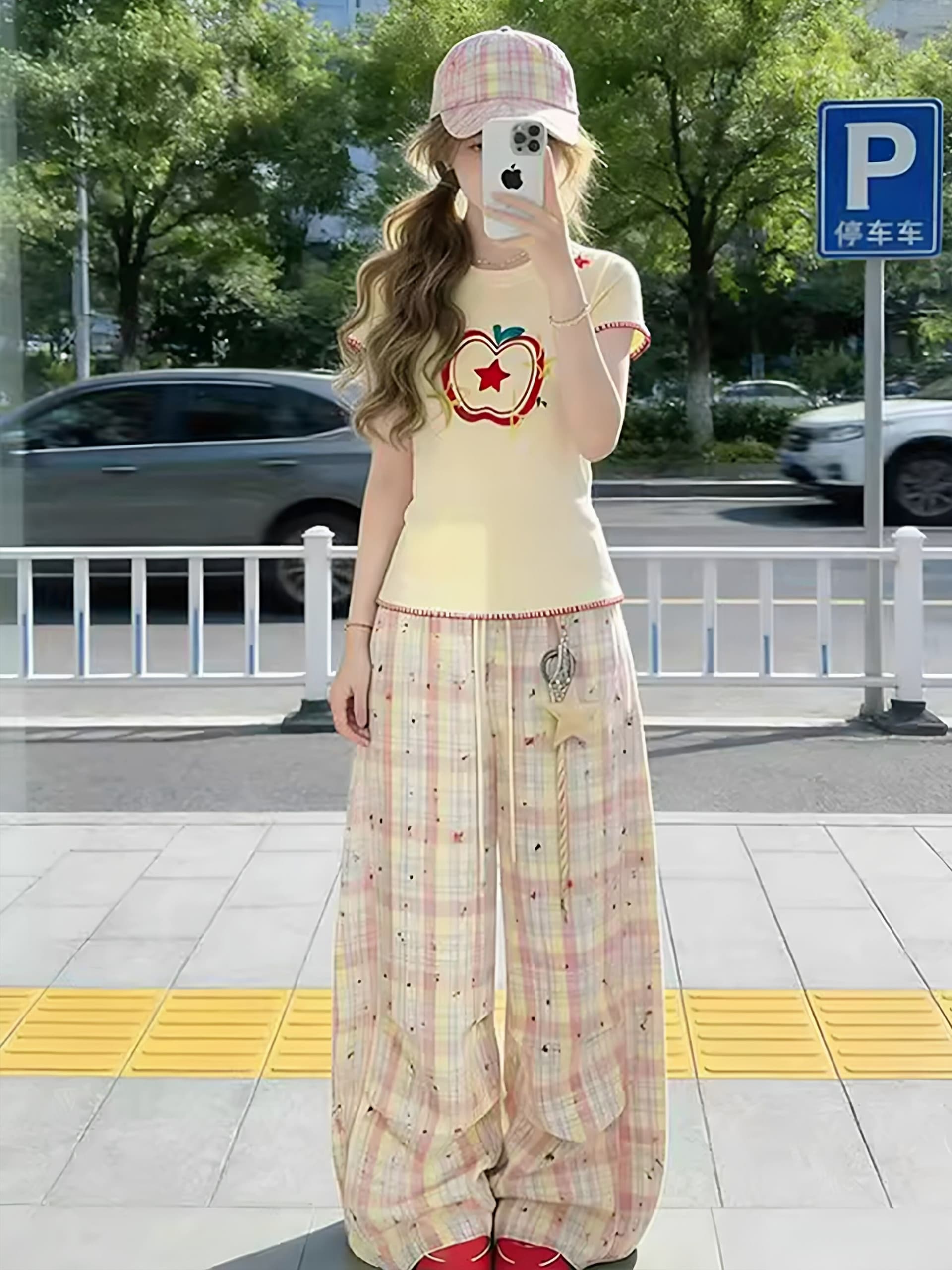 도파민 작은 키 착용 가져 가라. 세트 여성 여름 몸매 가꾸기 긍정적 인 어깨 의류 과일 색상 체크무늬 와이드 레그 팬츠 투피스 슈트 상세 이미지 2