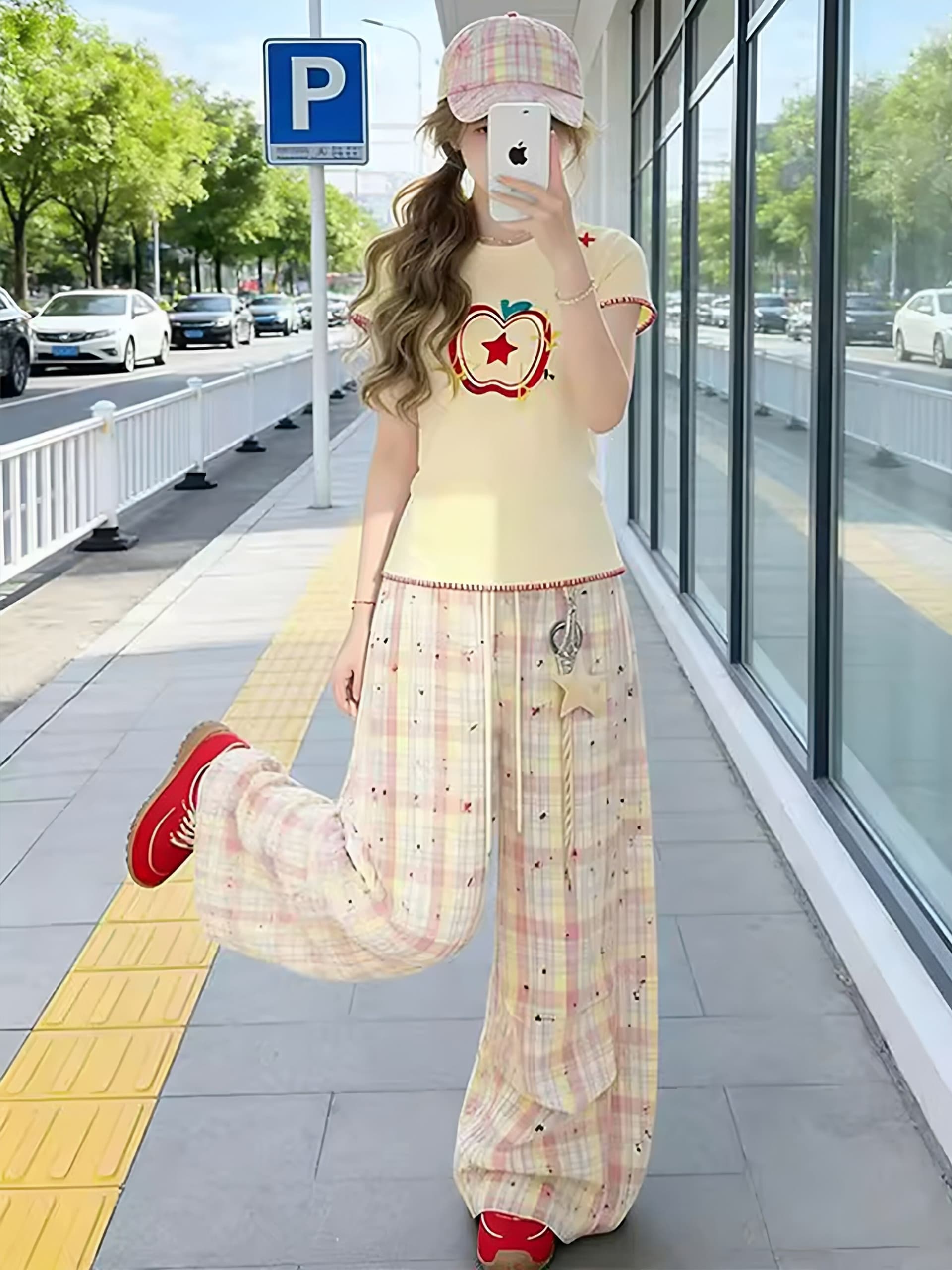 도파민 작은 키 착용 가져 가라. 세트 여성 여름 몸매 가꾸기 긍정적 인 어깨 의류 과일 색상 체크무늬 와이드 레그 팬츠 투피스 슈트 상세 이미지 3