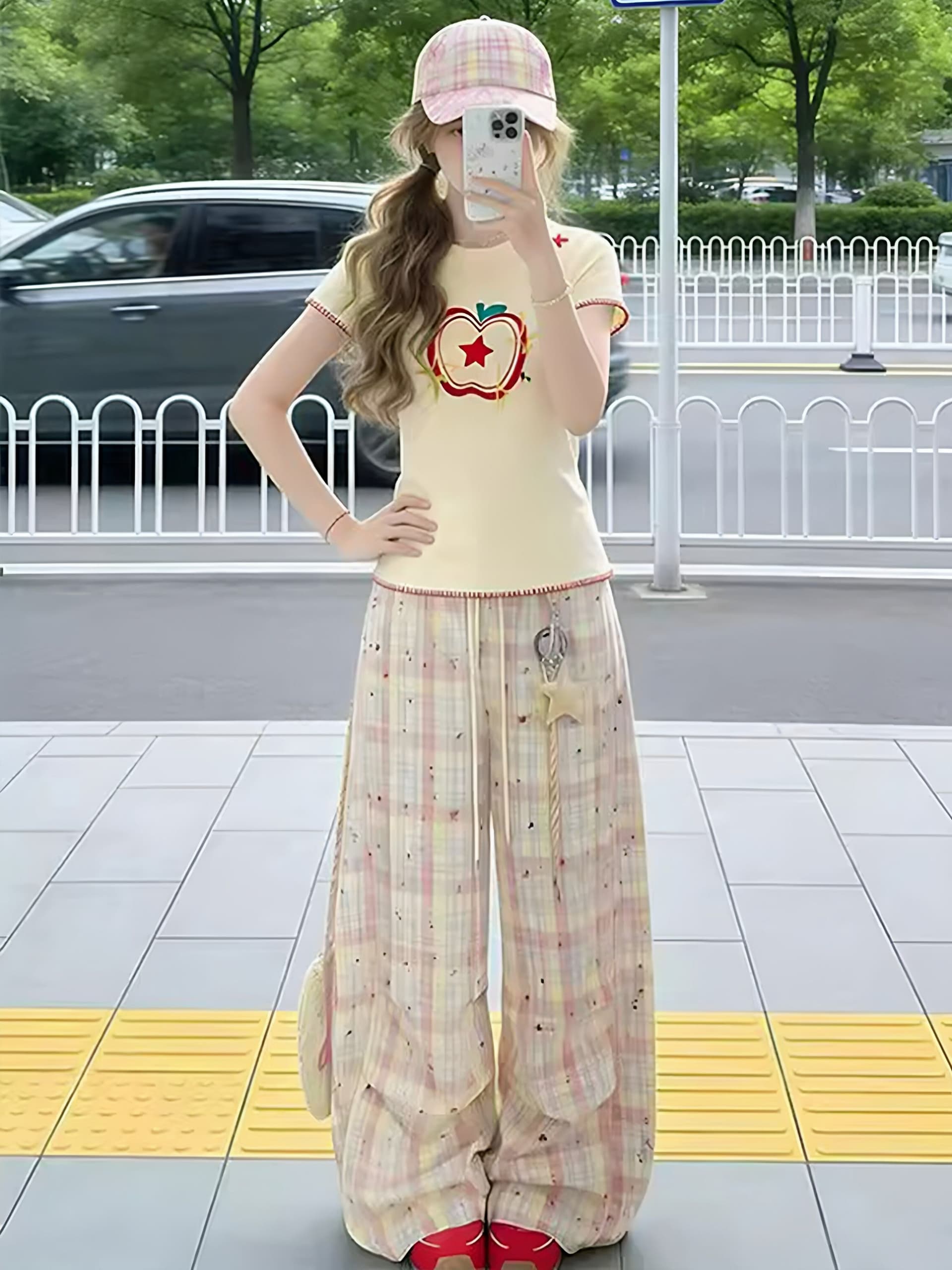 도파민 작은 키 착용 가져 가라. 세트 여성 여름 몸매 가꾸기 긍정적 인 어깨 의류 과일 색상 체크무늬 와이드 레그 팬츠 투피스 슈트 상세 이미지 4
