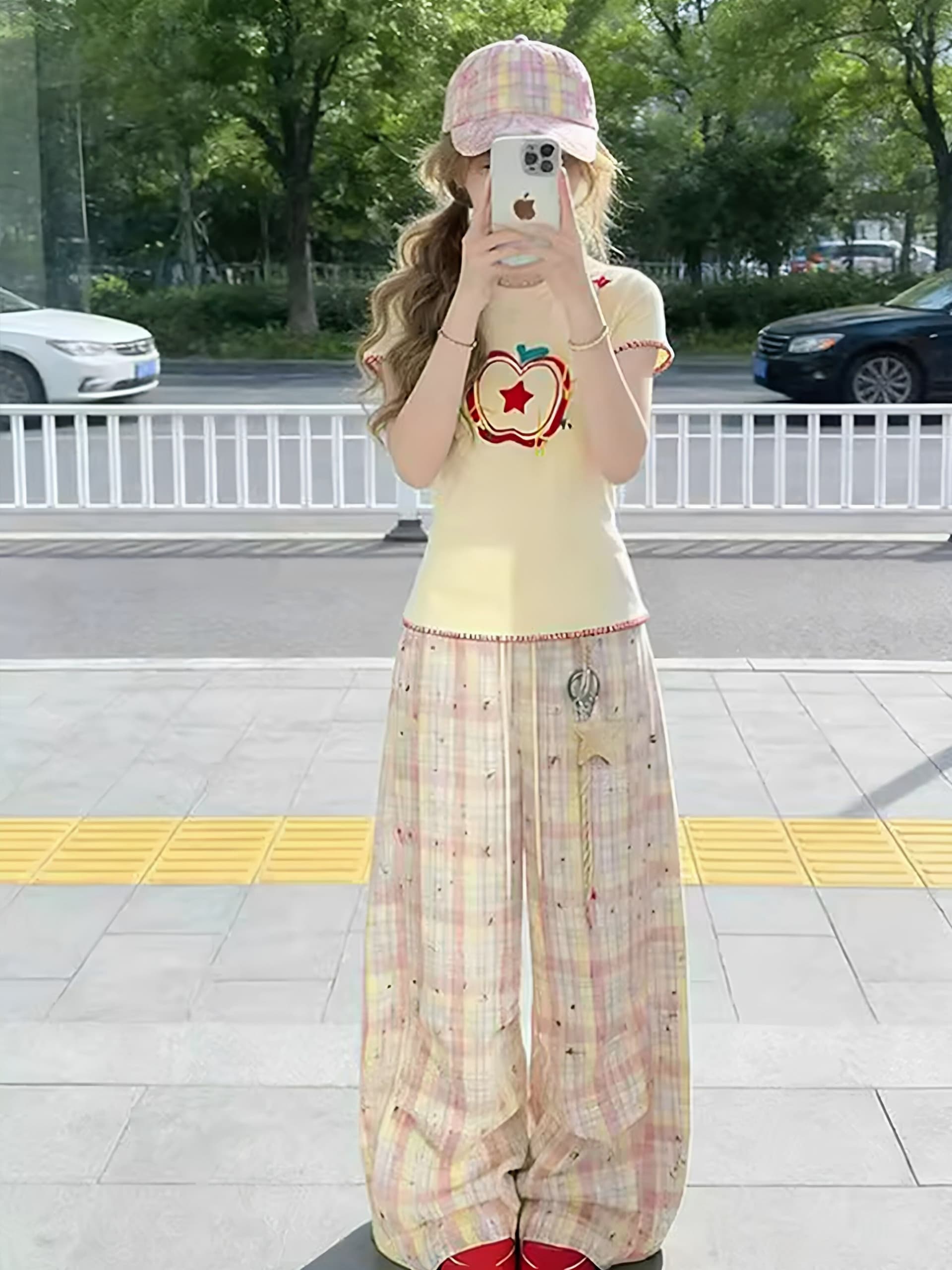 도파민 작은 키 착용 가져 가라. 세트 여성 여름 몸매 가꾸기 긍정적 인 어깨 의류 과일 색상 체크무늬 와이드 레그 팬츠 투피스 슈트 상세 이미지 5