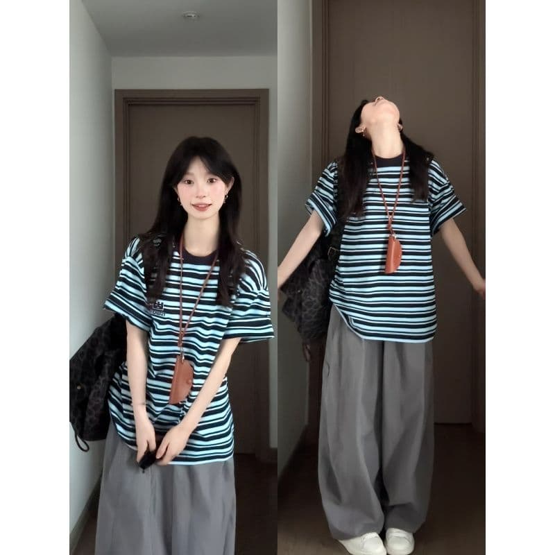아메리칸 레트로 스포츠 슈트 여성 여름 학생 루즈핏 슬림해 보이는 패션 반팔 와이드 레그 팬츠 캐주얼 투피스 세트 트렌디