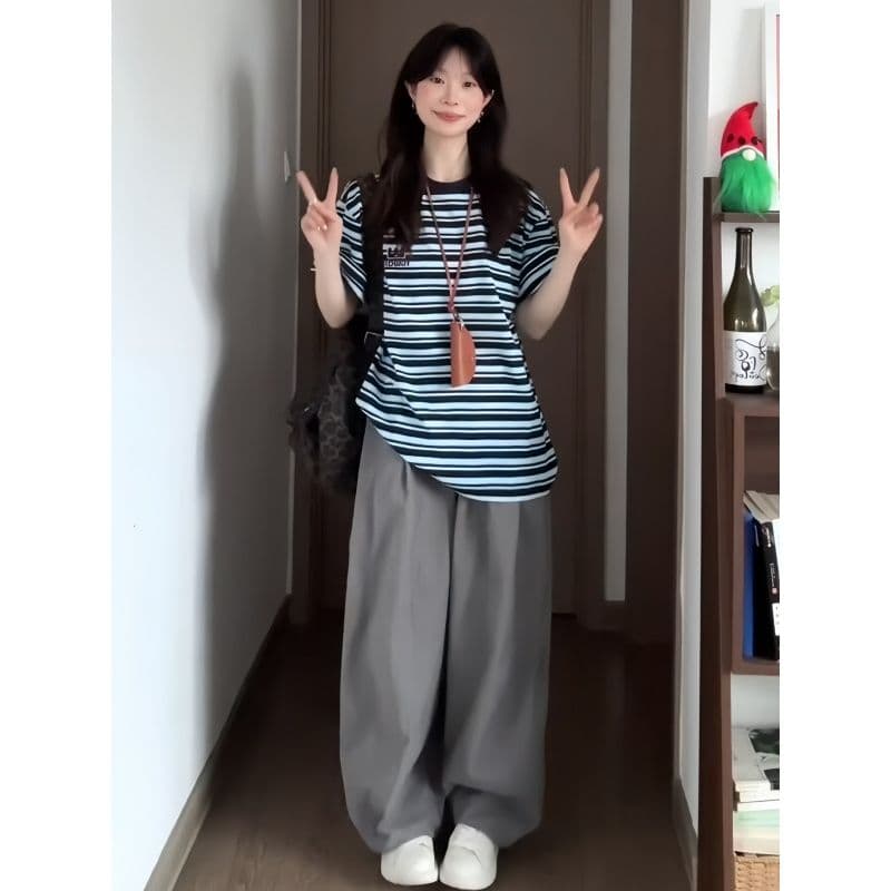 아메리칸 레트로 스포츠 슈트 여성 여름 학생 루즈핏 슬림해 보이는 패션 반팔 와이드 레그 팬츠 캐주얼 투피스 세트 트렌디 이미지 2