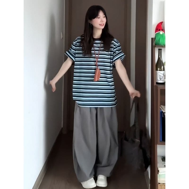 아메리칸 레트로 스포츠 슈트 여성 여름 학생 루즈핏 슬림해 보이는 패션 반팔 와이드 레그 팬츠 캐주얼 투피스 세트 트렌디 이미지 4