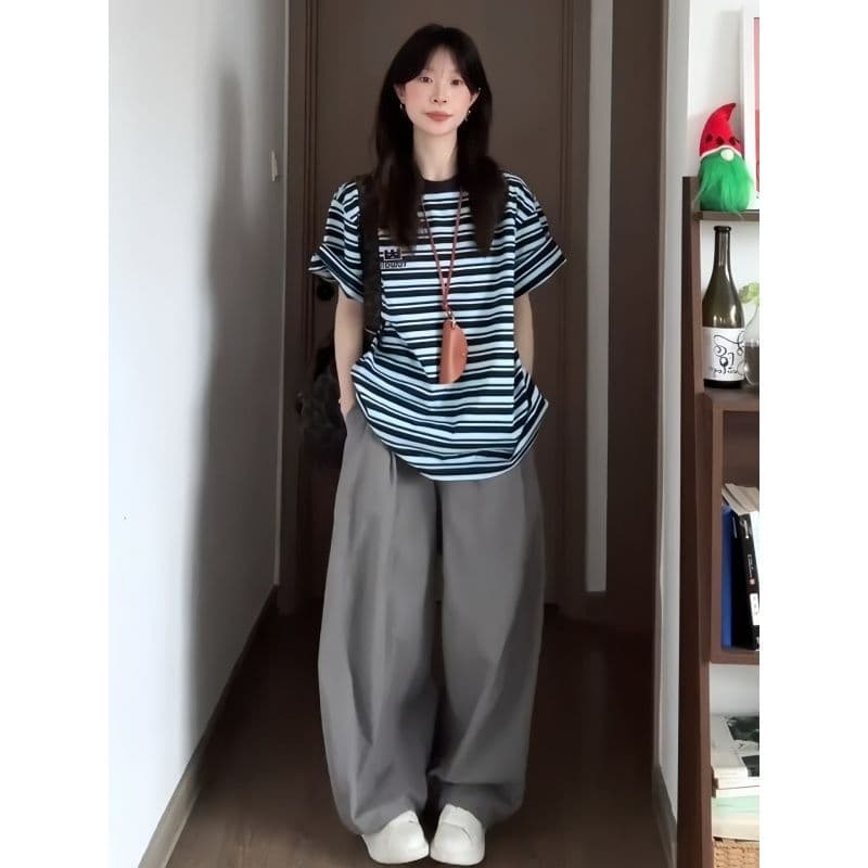 아메리칸 레트로 스포츠 슈트 여성 여름 학생 루즈핏 슬림해 보이는 패션 반팔 와이드 레그 팬츠 캐주얼 투피스 세트 트렌디 이미지 5