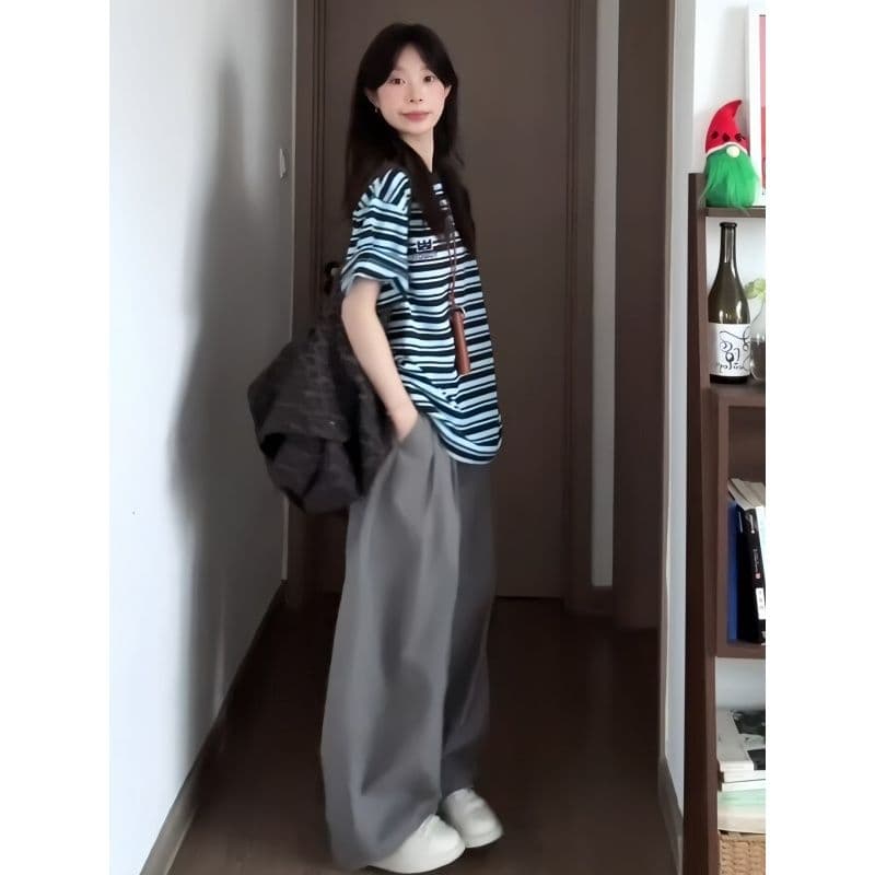 아메리칸 레트로 스포츠 슈트 여성 여름 학생 루즈핏 슬림해 보이는 패션 반팔 와이드 레그 팬츠 캐주얼 투피스 세트 트렌디 이미지 3