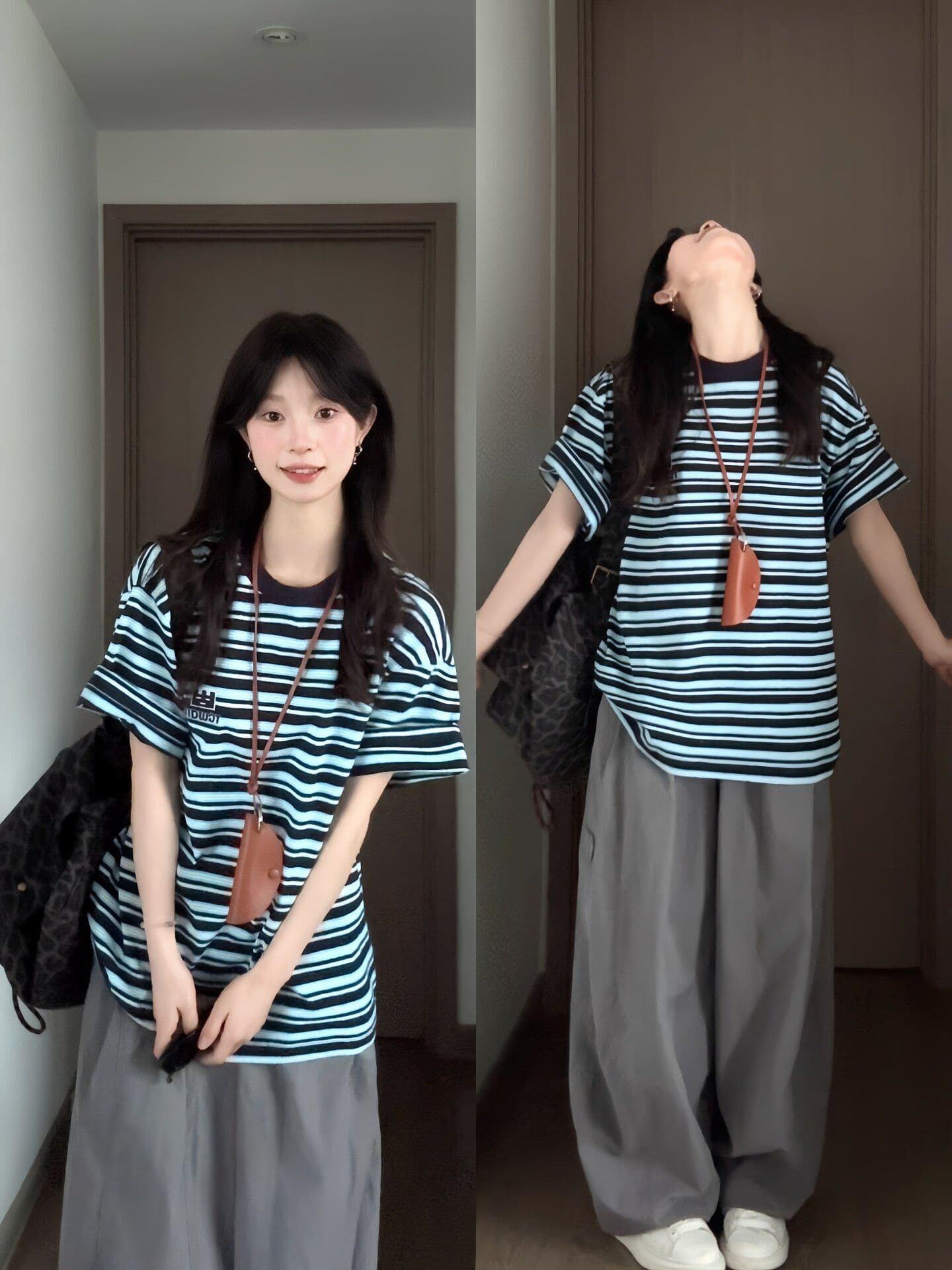 아메리칸 레트로 스포츠 슈트 여성 여름 학생 루즈핏 슬림해 보이는 패션 반팔 와이드 레그 팬츠 캐주얼 투피스 세트 트렌디 상세 이미지 1