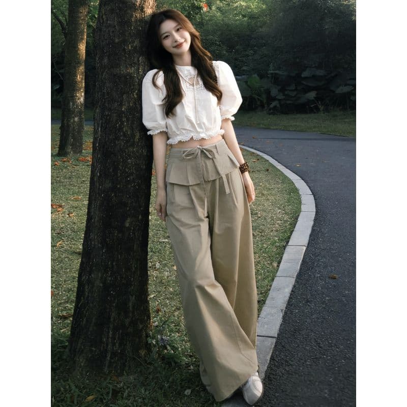 한 부서 그레이트 통해보기 가져 가라. 전체 집합 새로운 화이트 레이스 패치워크 셔츠 맨위 여성 여름 와이드 레그 팬츠 세트