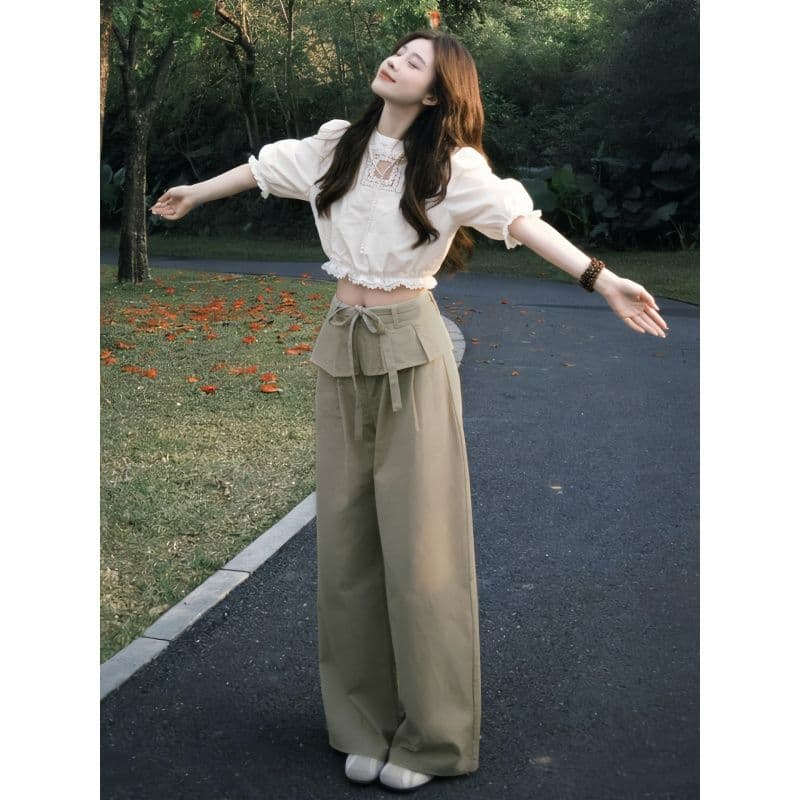 한 부서 그레이트 통해보기 가져 가라. 전체 집합 새로운 화이트 레이스 패치워크 셔츠 맨위 여성 여름 와이드 레그 팬츠 세트 이미지 4