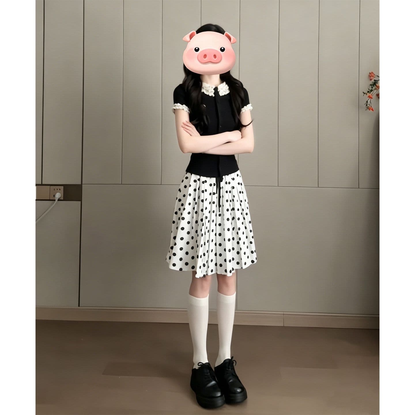여름 프랑스식 레트로 학원 스타일 착용 가져 가라. 디자인 센스 레이스 소매 반팔 티셔츠 도트 무늬 품격 반신 치마 세트 이미지 3