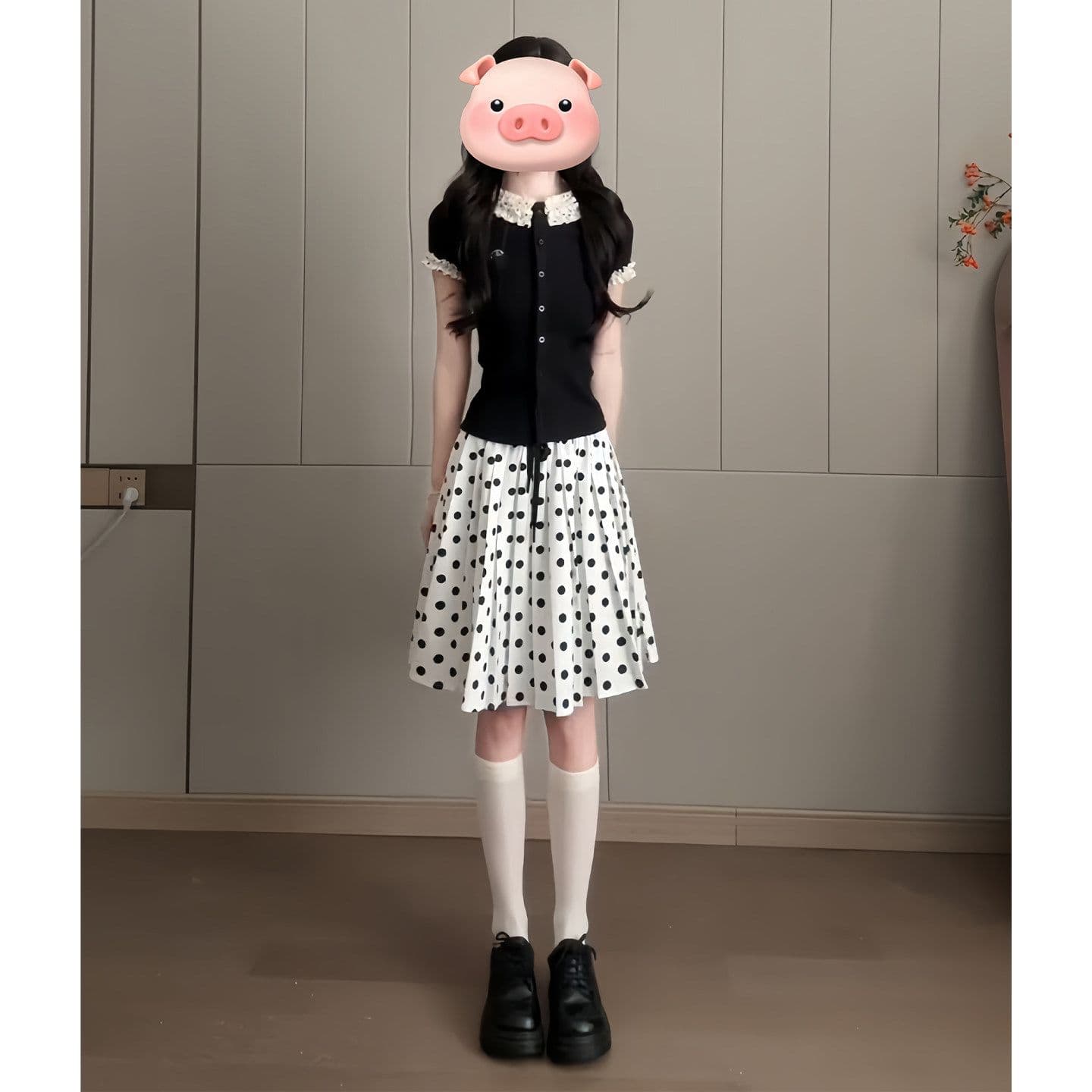 여름 프랑스식 레트로 학원 스타일 착용 가져 가라. 디자인 센스 레이스 소매 반팔 티셔츠 도트 무늬 품격 반신 치마 세트 이미지 2