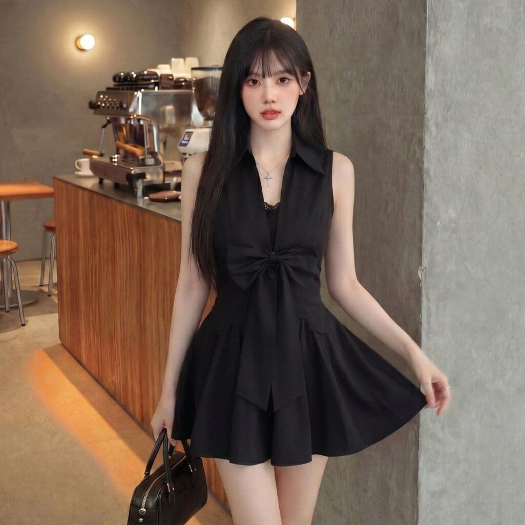 로얄 자매 그는 벤 바람 검정색 polo 셔츠 민소매 드레스 품격 슈퍼 잘 생긴 허리 수축 한 마디 퍼프 짧은 치마