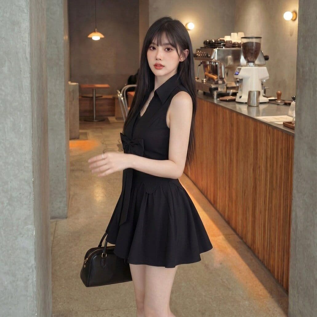 로얄 자매 그는 벤 바람 검정색 polo 셔츠 민소매 드레스 품격 슈퍼 잘 생긴 허리 수축 한 마디 퍼프 짧은 치마 이미지 2