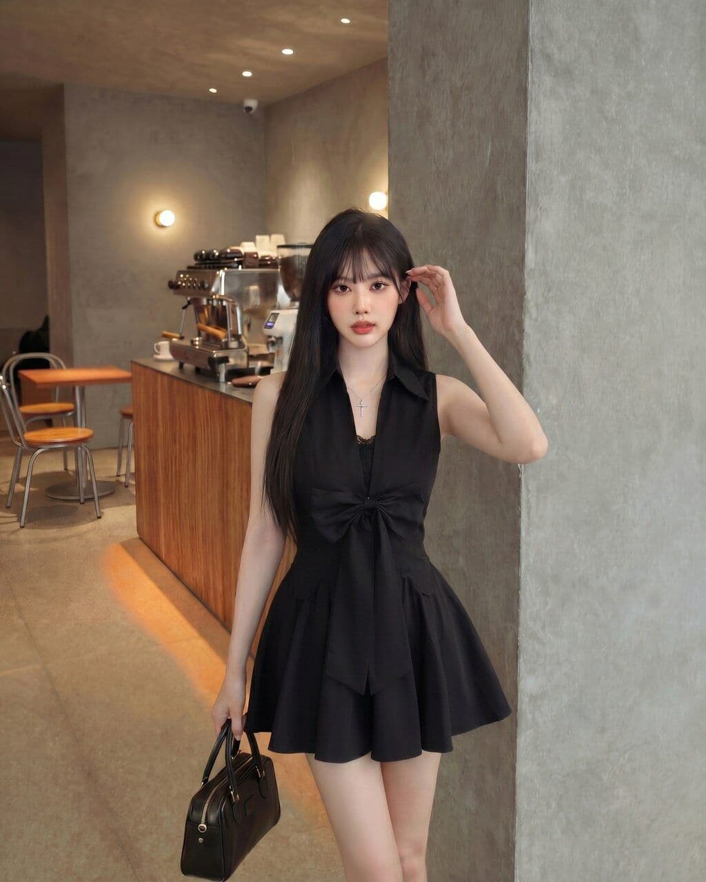 로얄 자매 그는 벤 바람 검정색 polo 셔츠 민소매 드레스 품격 슈퍼 잘 생긴 허리 수축 한 마디 퍼프 짧은 치마 이미지 4