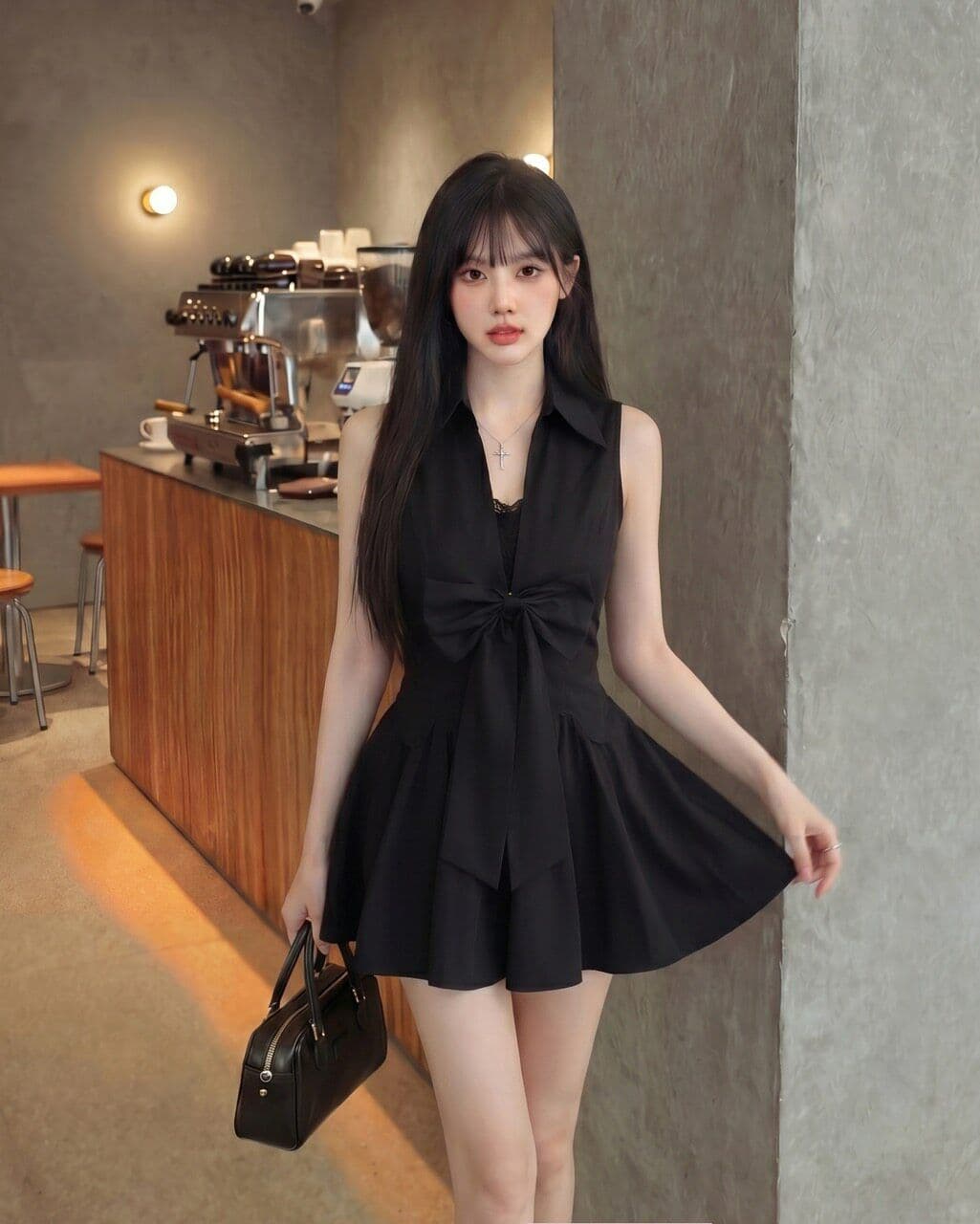 로얄 자매 그는 벤 바람 검정색 polo 셔츠 민소매 드레스 품격 슈퍼 잘 생긴 허리 수축 한 마디 퍼프 짧은 치마 이미지 3