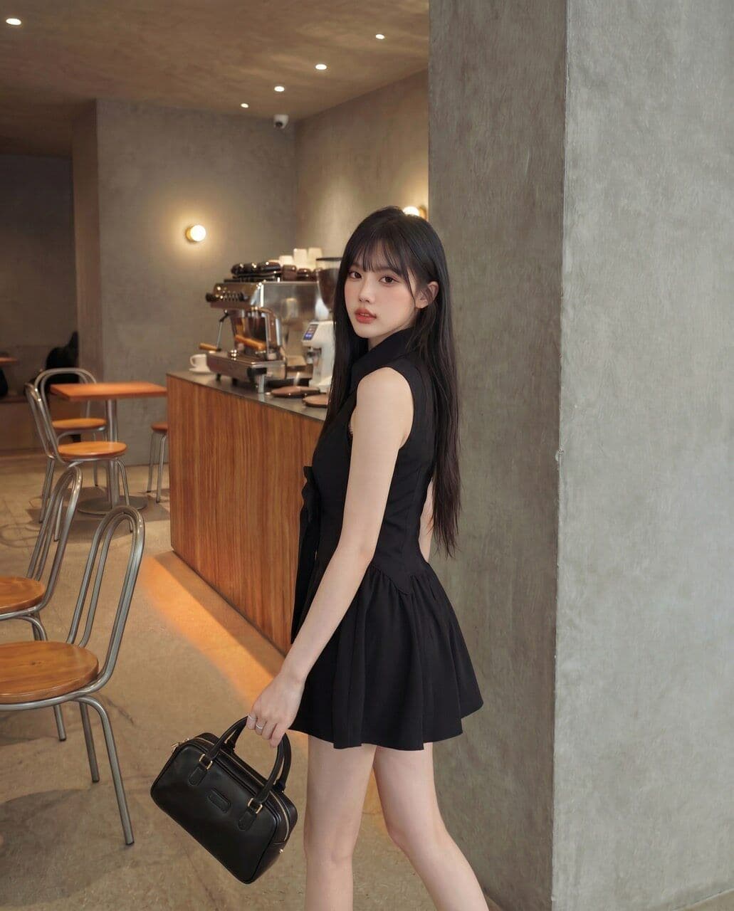 로얄 자매 그는 벤 바람 검정색 polo 셔츠 민소매 드레스 품격 슈퍼 잘 생긴 허리 수축 한 마디 퍼프 짧은 치마 상세 이미지 8