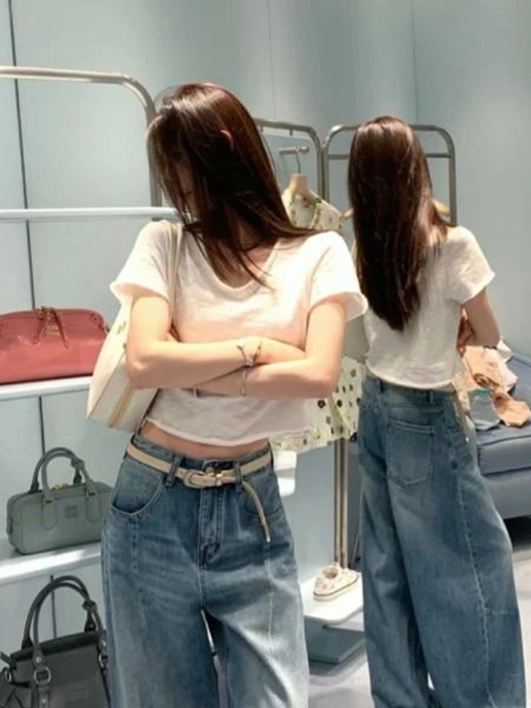 대나무 마디 면 V넥 루즈핏 반팔 티셔츠 여성 2026 여름 한 부서 새로운 쇼트 스타일 얇은 스타일 핑크색 맨위 상세 이미지 4