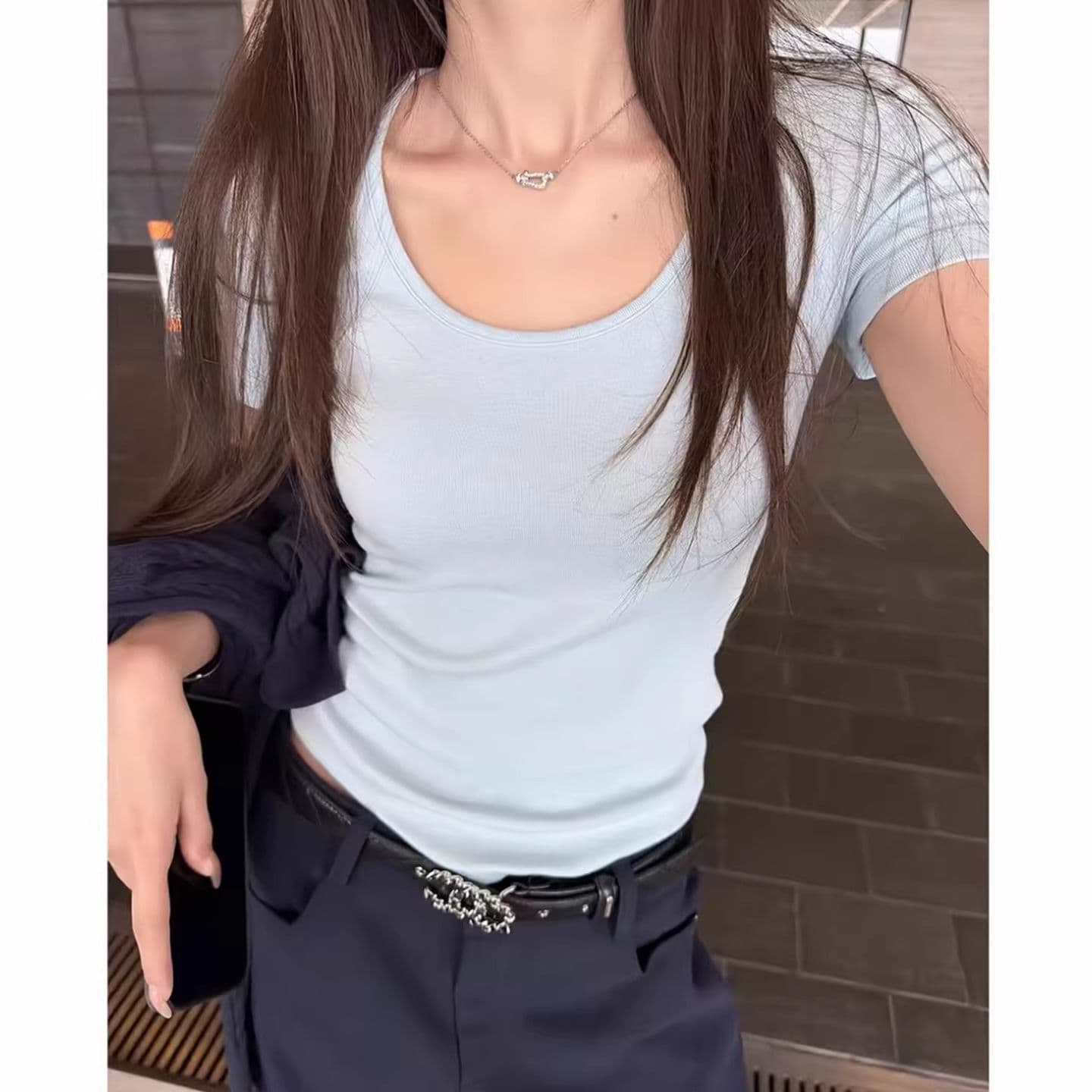 사람들 면 와 사고 방식 260 그램 봄 여름 새로운 반팔 u 칼라 여성 의류 티셔츠 긍정적 인 어깨 인사이드 잡아라. 의류 상세 이미지 2
