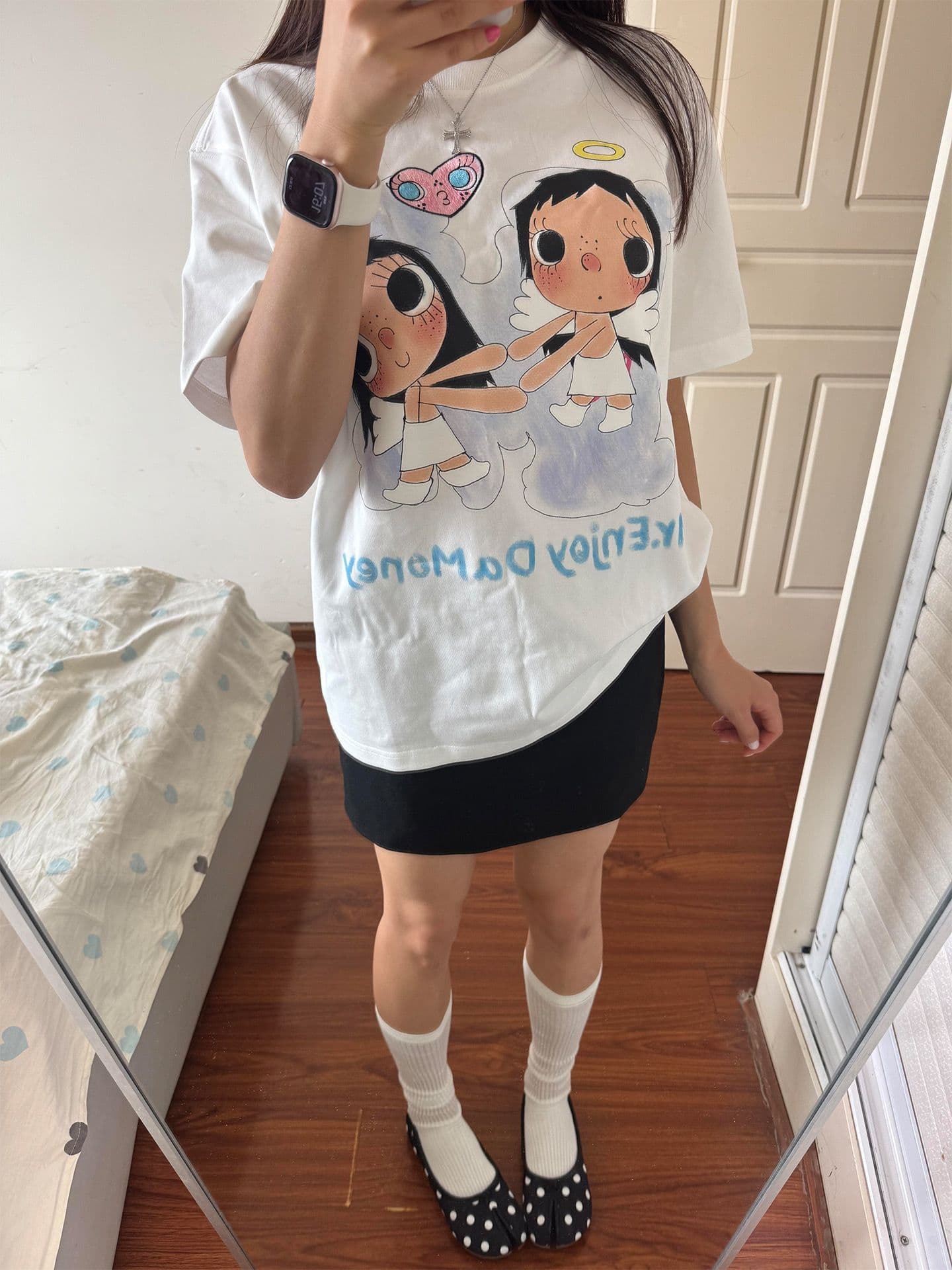 자수 프린트 네리 가게 천 순면 220 그램 빗질하다 닫기 반팔 티셔츠 여성 상세 이미지 2
