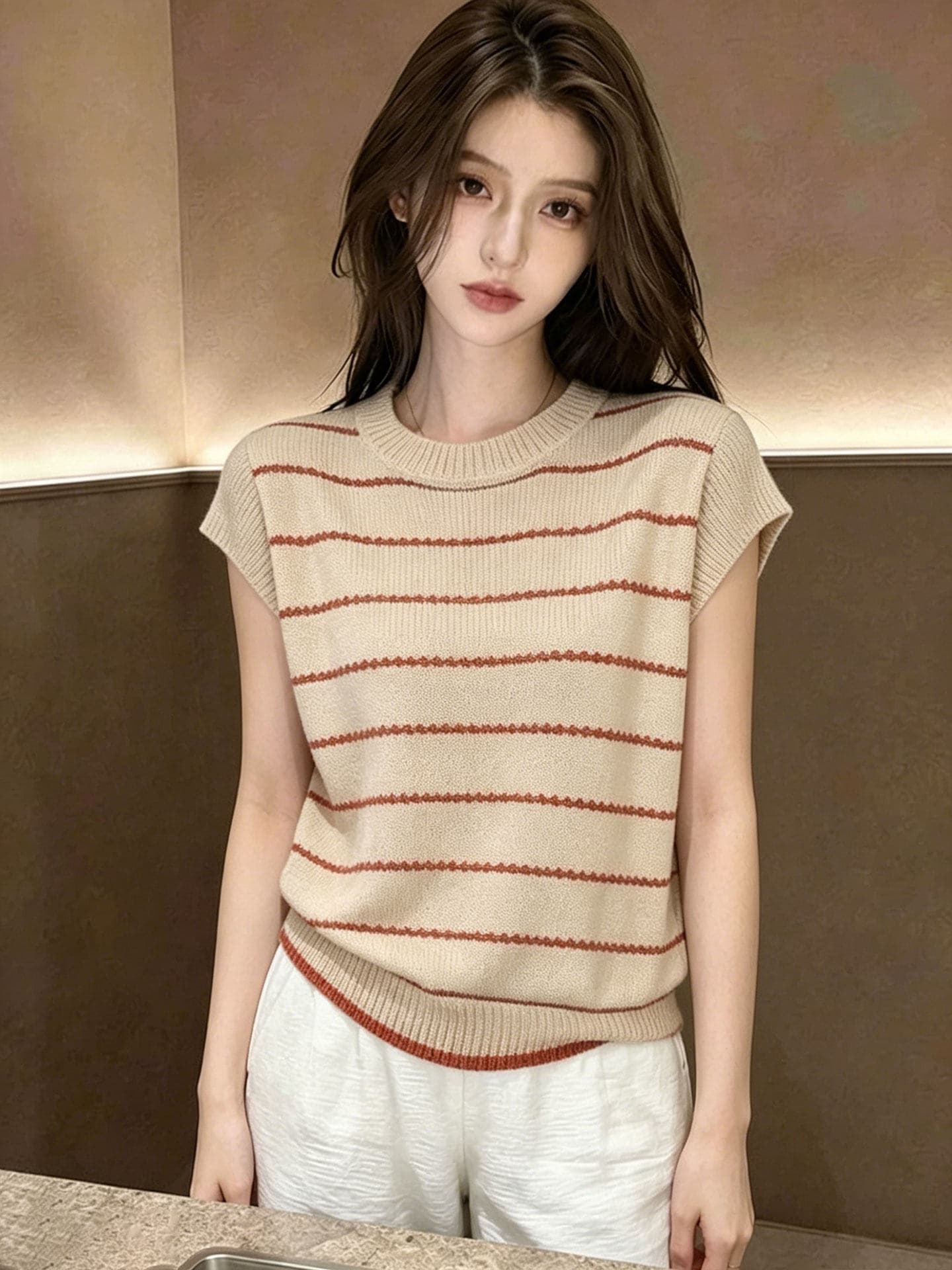 레트로 스타일 살구 색상 라운드 넥 풀오버 작은 날다 소매 짠 셔츠 여성 2026 여름 새로운 캐주얼 루즈핏 출퇴근 작은 셔츠 상세 이미지 4