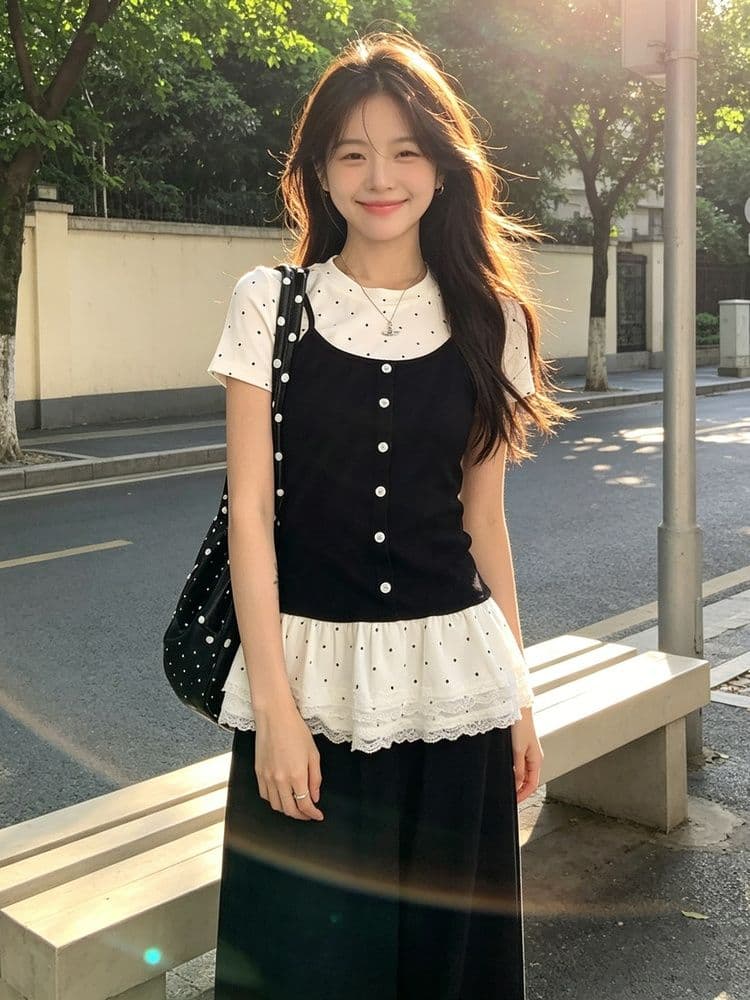 사람들 면 모방 면 한 부서 페이크 레이어드 긍정적 인 어깨 반팔 티셔츠 여성 여름 발레 바람 몸매 가꾸기 슬림해 보이는 아름다운 도트 무늬 맨위