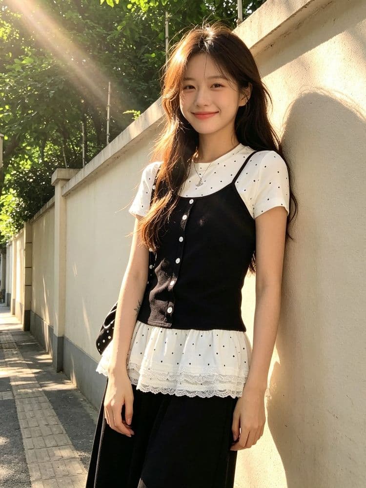 사람들 면 모방 면 한 부서 페이크 레이어드 긍정적 인 어깨 반팔 티셔츠 여성 여름 발레 바람 몸매 가꾸기 슬림해 보이는 아름다운 도트 무늬 맨위 이미지 3