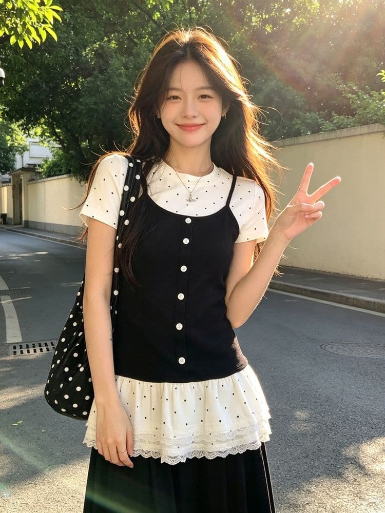 사람들 면 모방 면 한 부서 페이크 레이어드 긍정적 인 어깨 반팔 티셔츠 여성 여름 발레 바람 몸매 가꾸기 슬림해 보이는 아름다운 도트 무늬 맨위 상세 이미지 1