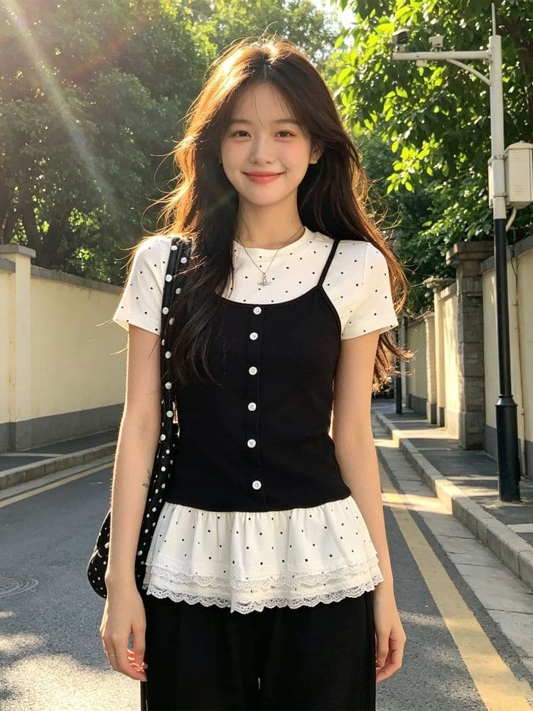 사람들 면 모방 면 한 부서 페이크 레이어드 긍정적 인 어깨 반팔 티셔츠 여성 여름 발레 바람 몸매 가꾸기 슬림해 보이는 아름다운 도트 무늬 맨위 상세 이미지 4