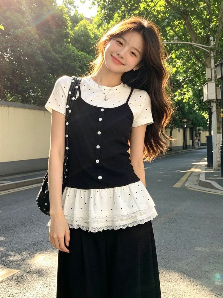 사람들 면 모방 면 한 부서 페이크 레이어드 긍정적 인 어깨 반팔 티셔츠 여성 여름 발레 바람 몸매 가꾸기 슬림해 보이는 아름다운 도트 무늬 맨위 상세 이미지 5