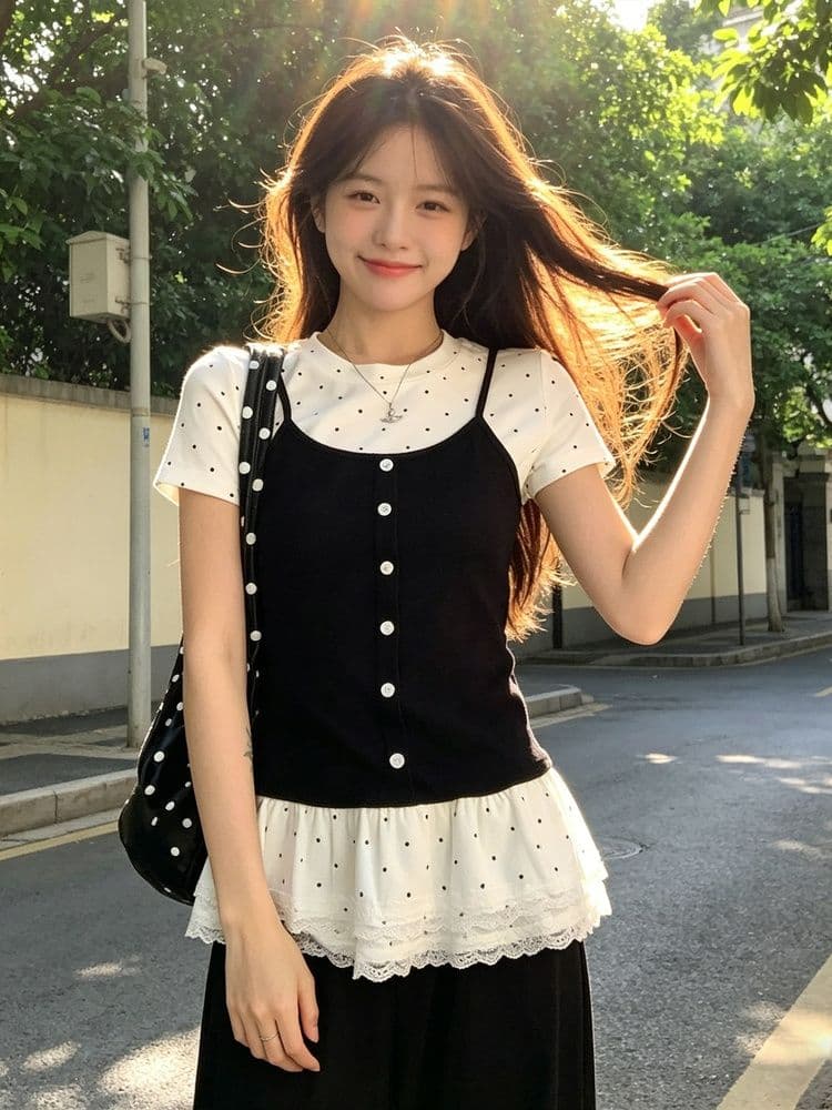 사람들 면 모방 면 한 부서 페이크 레이어드 긍정적 인 어깨 반팔 티셔츠 여성 여름 발레 바람 몸매 가꾸기 슬림해 보이는 아름다운 도트 무늬 맨위 상세 이미지 6