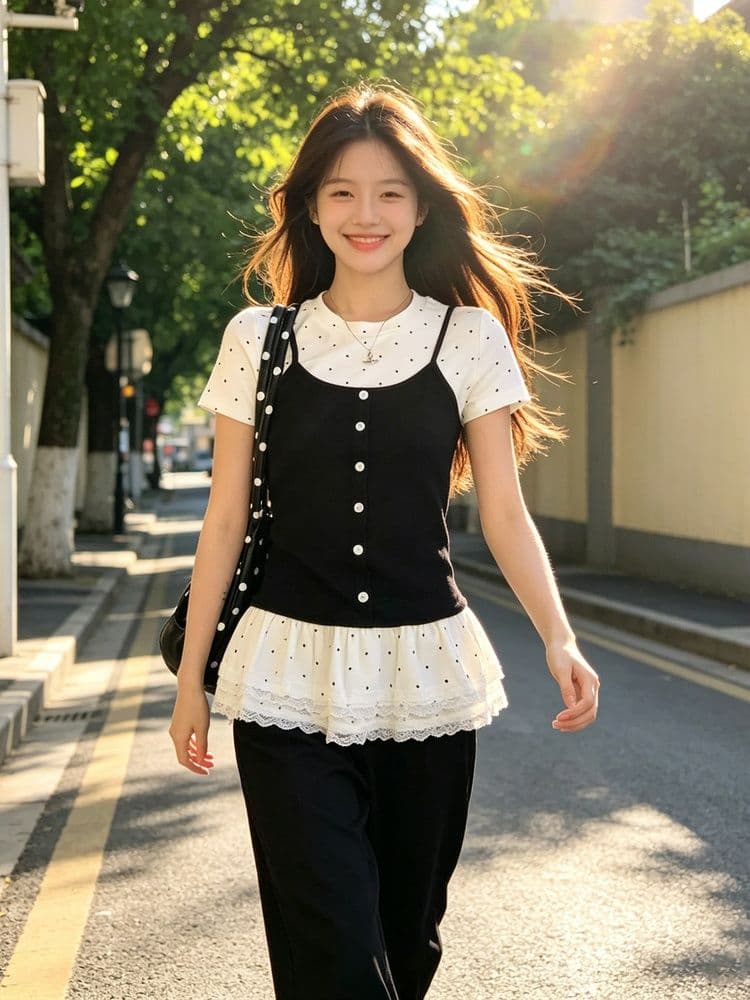 사람들 면 모방 면 한 부서 페이크 레이어드 긍정적 인 어깨 반팔 티셔츠 여성 여름 발레 바람 몸매 가꾸기 슬림해 보이는 아름다운 도트 무늬 맨위 상세 이미지 7