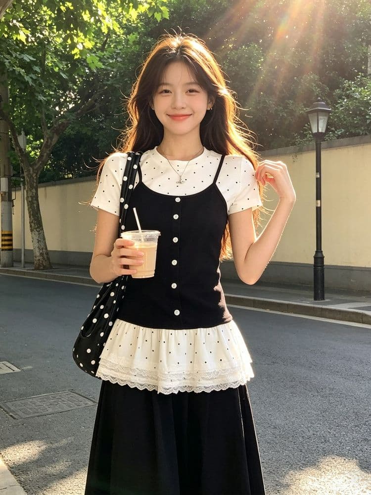 사람들 면 모방 면 한 부서 페이크 레이어드 긍정적 인 어깨 반팔 티셔츠 여성 여름 발레 바람 몸매 가꾸기 슬림해 보이는 아름다운 도트 무늬 맨위 상세 이미지 8