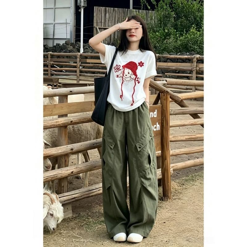 한 부서 느긋한 캐주얼 스포츠 슈트 여성 여름 학생 루즈핏 디자인 센스 반팔 티셔츠 워크웨어 팬츠 투피스 세트 이미지 4