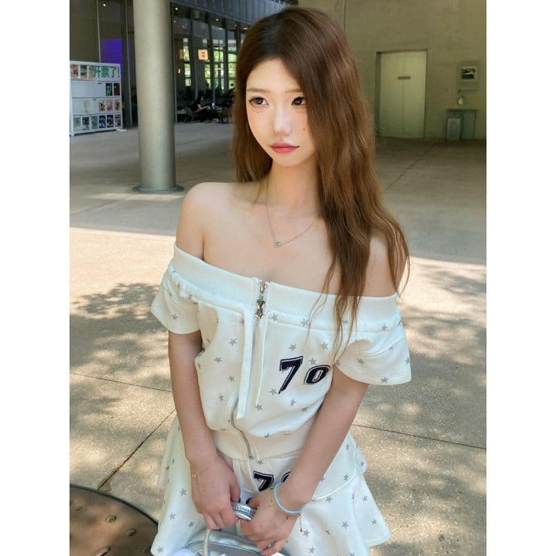 달콤한 매운맛 바람 캐주얼 스포츠 슈트 여성 여름 패션 새로운 오프숄더 지퍼 반팔 하이웨이스트 미니 스커트 투피스 세트