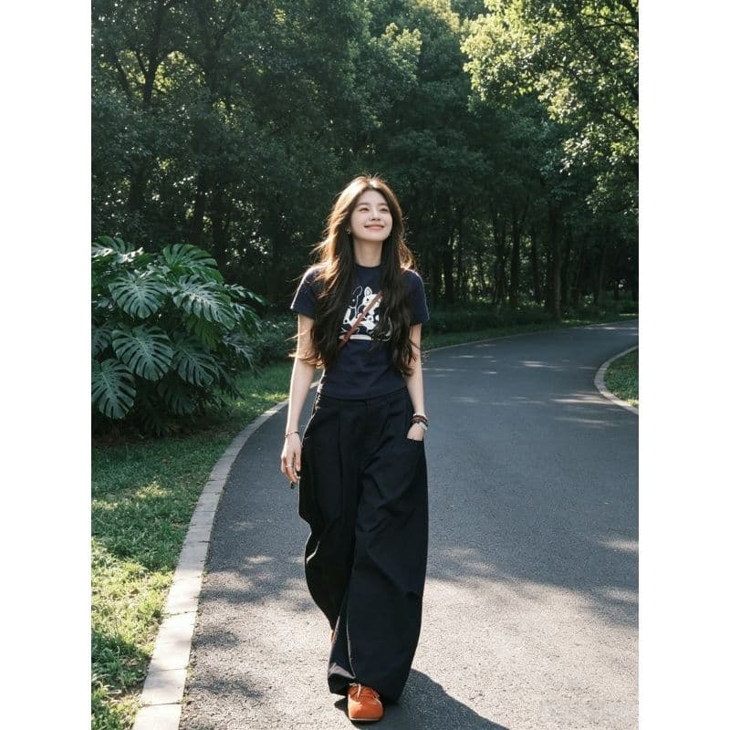 한 부서 캐주얼 스포츠 슈트 여성 여름 작은 키 몸매 가꾸기 미니멀리즘 긍정적 인 어깨 반팔 느슨함 센스 긴 바지 투피스 세트