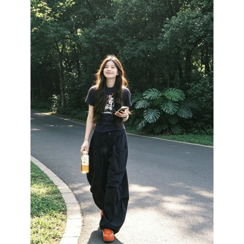 한 부서 캐주얼 스포츠 슈트 여성 여름 작은 키 몸매 가꾸기 미니멀리즘 긍정적 인 어깨 반팔 느슨함 센스 긴 바지 투피스 세트 이미지 2