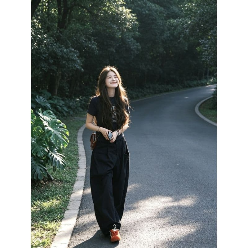 한 부서 캐주얼 스포츠 슈트 여성 여름 작은 키 몸매 가꾸기 미니멀리즘 긍정적 인 어깨 반팔 느슨함 센스 긴 바지 투피스 세트 이미지 5