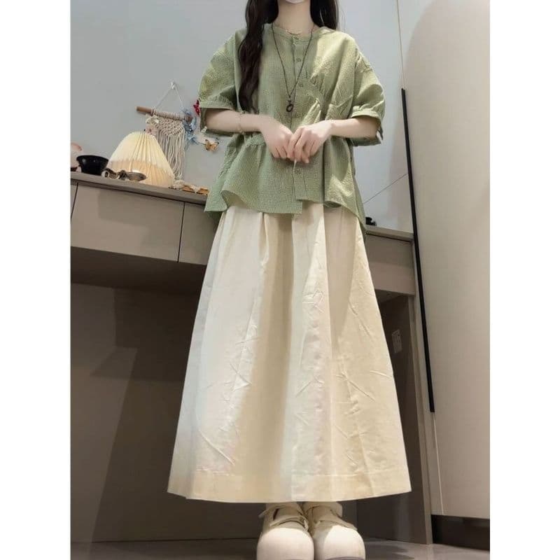 여름 ootd 착용 가져 가라. 전체 집합 반신 치마 세트 마이크로 지방 자이언트 잘 생긴 ~ 중 품격 아름다운 드레스 투피스 세트 이미지 3