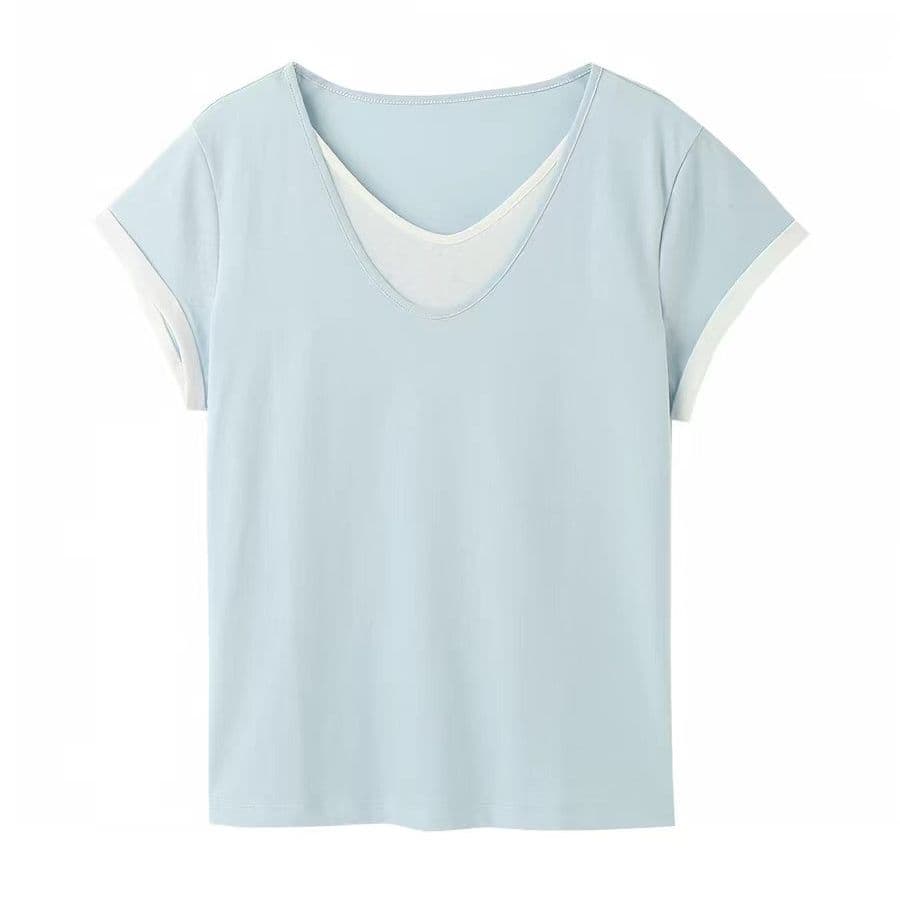 160 그램 눈꽃 순면 하늘색 라운드 넥 디자인 센스 페이크 레이어드 반팔 티셔츠 여성 여름 새로운 이미지 5