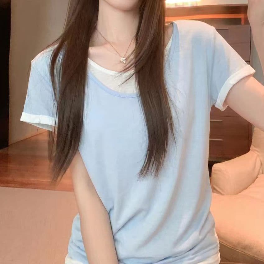 160 그램 눈꽃 순면 하늘색 라운드 넥 디자인 센스 페이크 레이어드 반팔 티셔츠 여성 여름 새로운 이미지 2